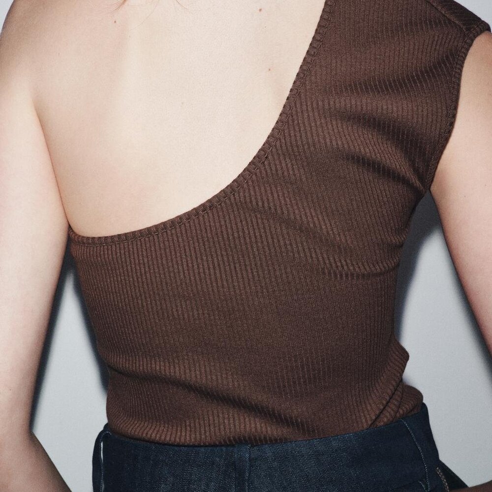 NWT Small Zara Rib Top Metal Detail Brown Asymmetric Sleeveless Tank - Picture 3 of 7